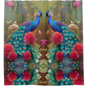 Blue Peacock, Pink Rose Garden Shower Curtain