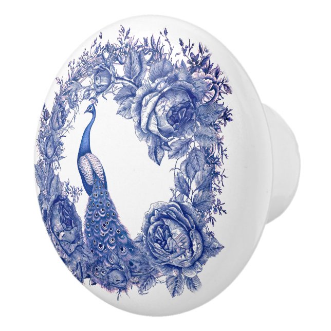 Blue Peacock Rose Floral Border Ceramic Knob (Right)