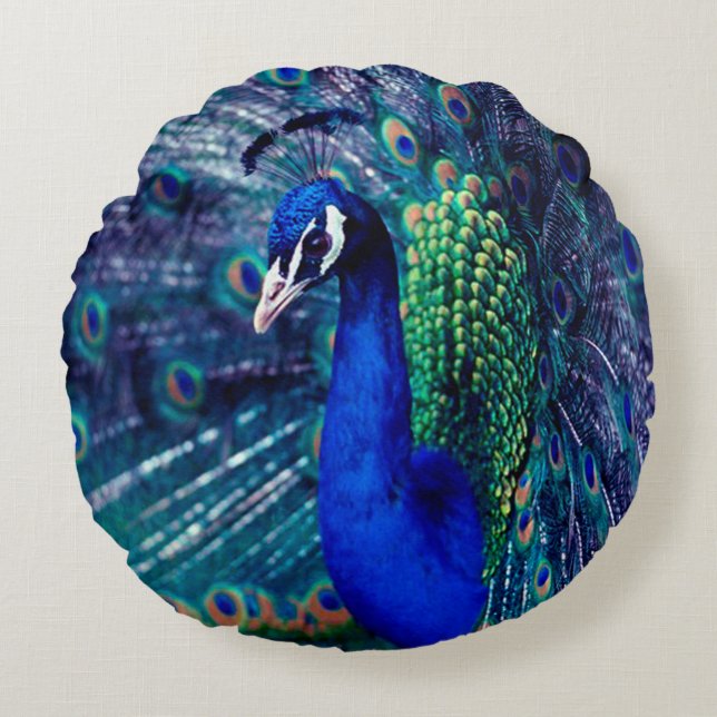 Blue Peacock Round Cushion (Front)