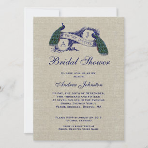 Blue Peacock Rustic Linen   Bridal Shower Invitation