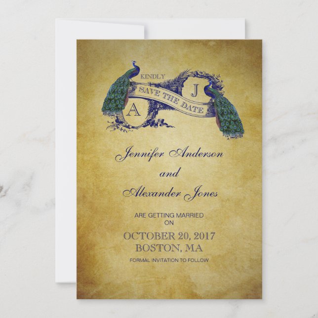Blue Peacock Rustic Save the Date Card (Front)