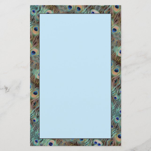 Blue Peacock Tail Feather Design Stationary Sheet (Front)