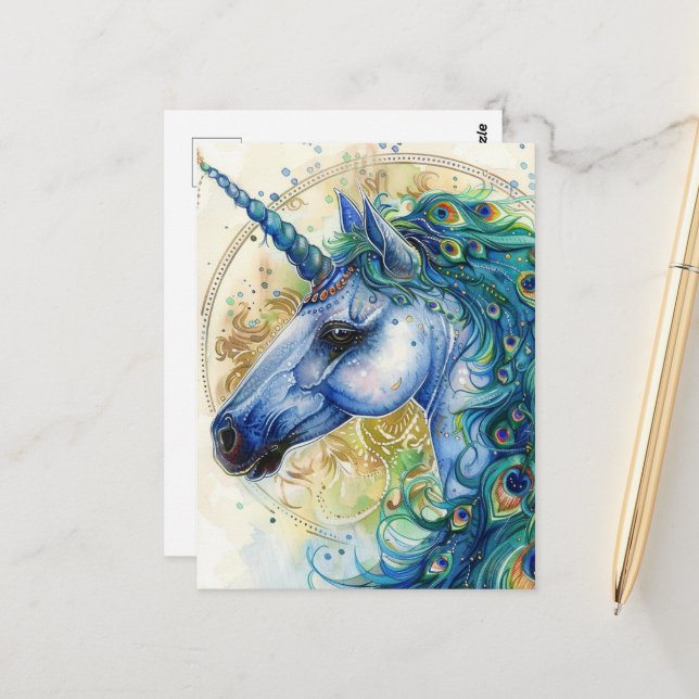 Blue Peacock Unicorn Postcard (Front/Back In Situ)