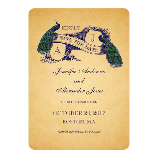 Blue Peacock Vintage Save the Date Announcement