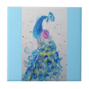 Blue Peacock Watercolor Baby Blue Australian Ceramic Tile