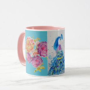 Blue Peacock Watercolor Painting Aqua Rose Mug
