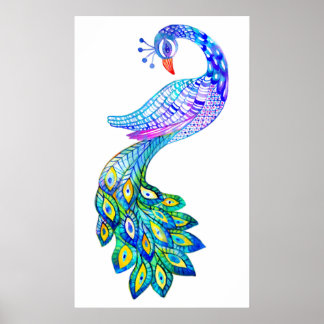 Blue peacock watercolor poster