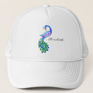 Blue peacock watercolor trucker hat