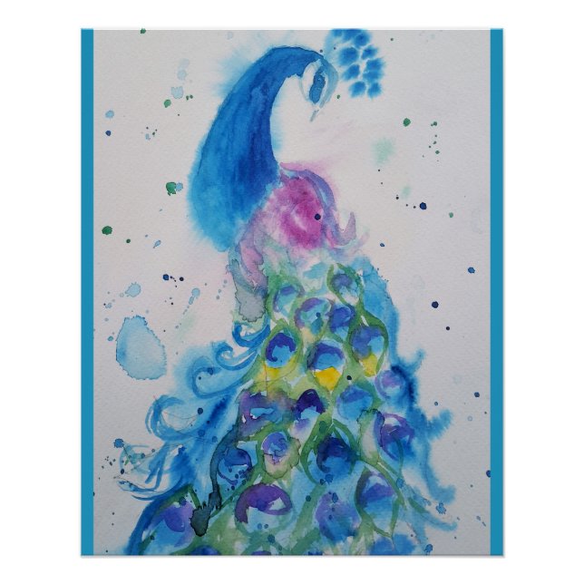 Blue Peacock Watercolour Painting Art Poster (Front)