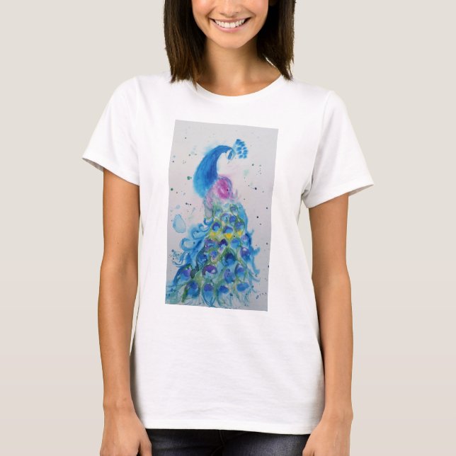 Blue Peacock Watercolour painting art T Shirt (Front)