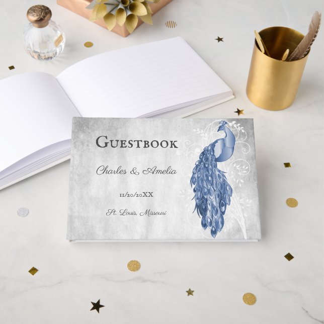 Blue Peacock Wedding Guest Book (Front Open)