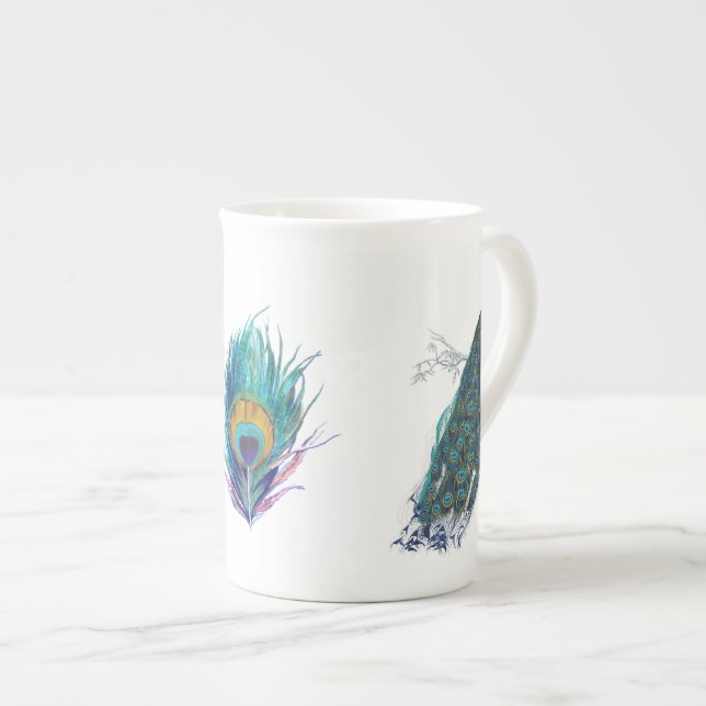 Blue Peacock with beautiful tail feathers Bone China Mug (Front Right)