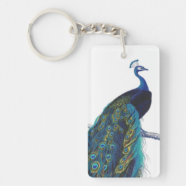 Blue Peacock with beautiful tail feathers Key Ring (Front)