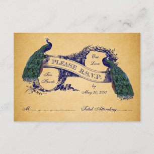 Blue Peacocks Vintage Wedding RSVP CARD