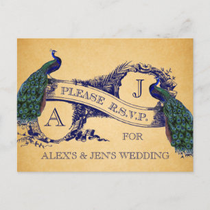 Blue Peacocks Vintage Wedding RSVP Postcard