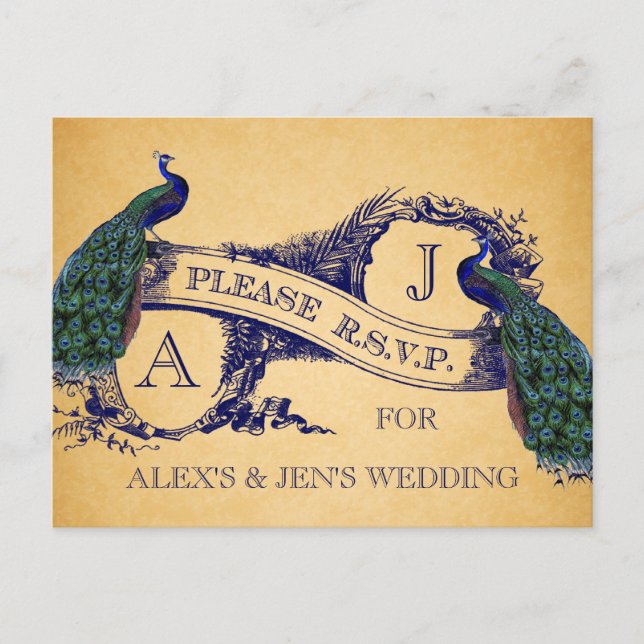 Blue Peacocks Vintage Wedding RSVP Postcard (Front)