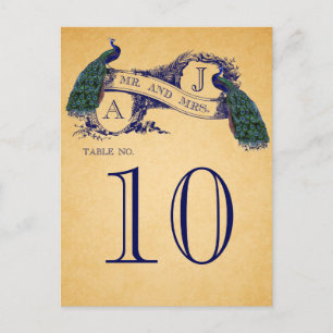 Blue Peacocks Vintage Wedding Table Number Postcard