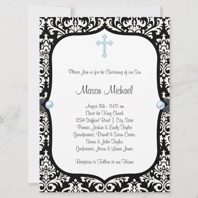 Blue Pearl Cross Blue Black Damask Christening Invitation (Front)