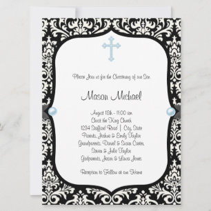 Blue Pearl Cross Blue Black Damask Christening Invitation