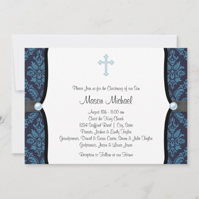 Blue Pearl Cross Blue Black Damask Christening Invitation (Front)