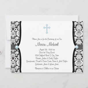 Blue Pearl Cross Blue Black Damask Christening Invitation