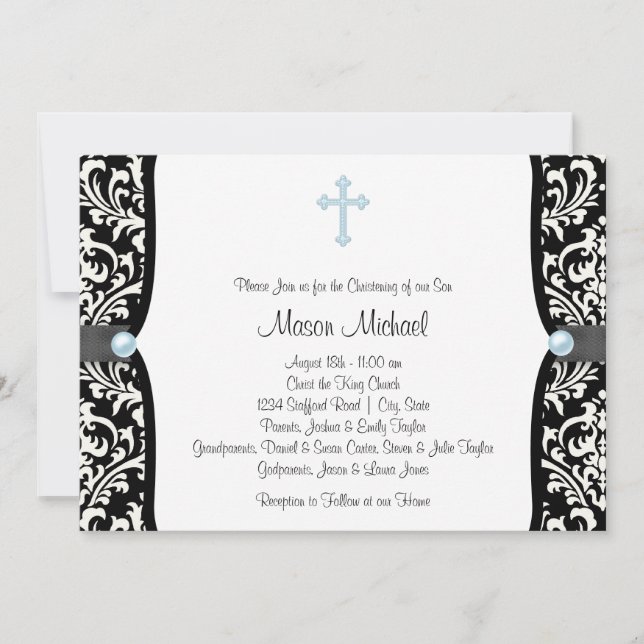 Blue Pearl Cross Blue Black Damask Christening Invitation (Front)