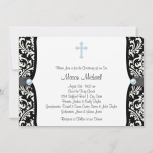 Blue Pearl Cross Blue Black Damask Christening Invitation