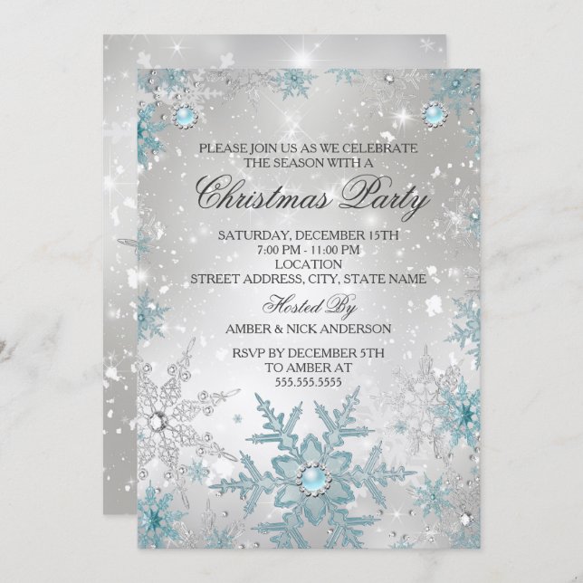 Blue Pearl Crystal Snowflake Christmas Party Invitation (Front/Back)