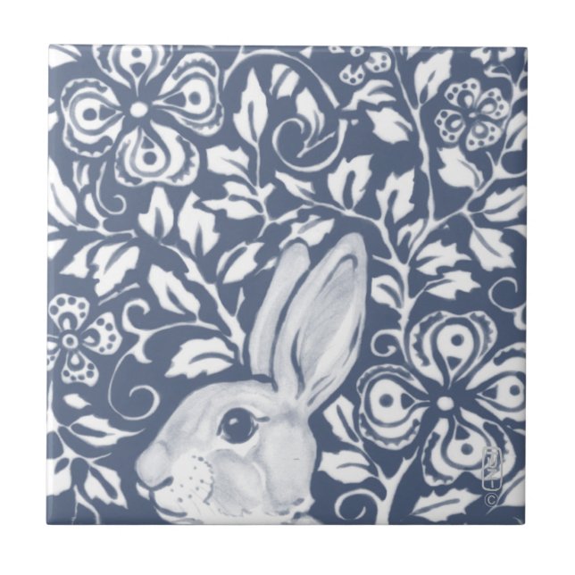 Blue Peeking Rabbit Bunny Floral Dedham Delft Ceramic Tile (Front)
