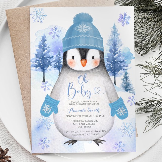  Blue Penguin knitted Hat Snowflakes Baby Shower Invitation (Creator Uploaded)