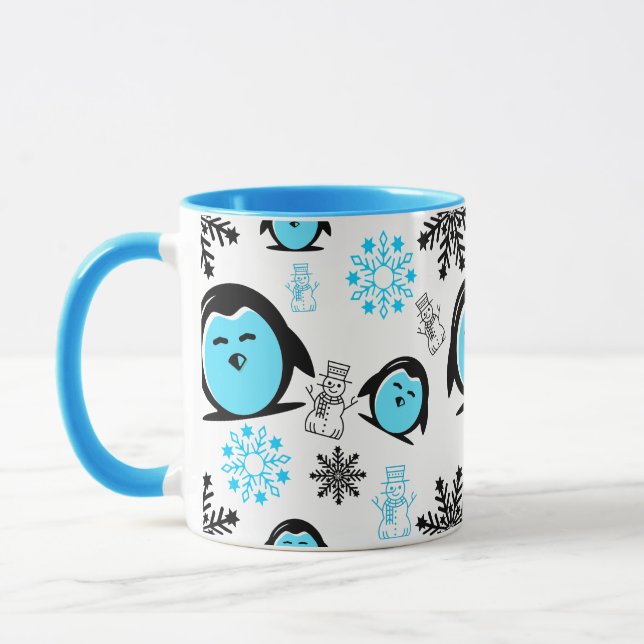 Blue Penguin Snowman Winter Pattern Mug (Left)