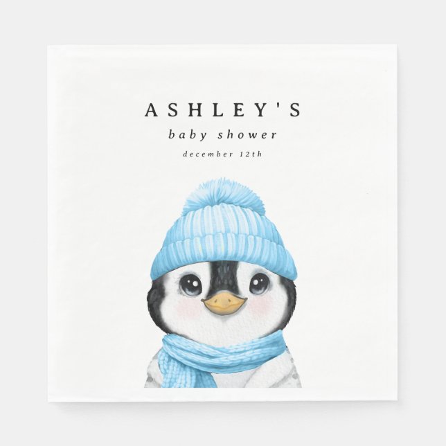 Blue Penguin Winter Baby Shower Napkin (Front)