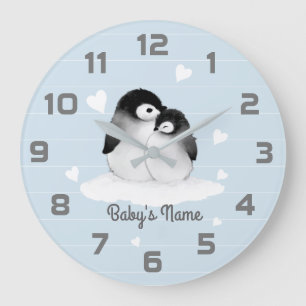 Blue Penguins Heart Nursery Decor Wall Clock
