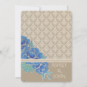 BLUE PEONIES & DAMASK ~ Invitation Card