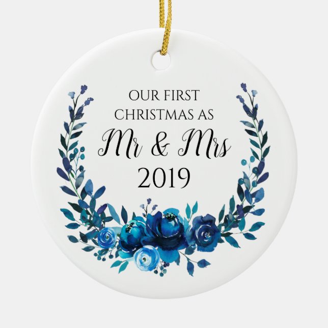 Blue Peonies First Christmas as Mr & Mrs Ceramic Ornament (Front)