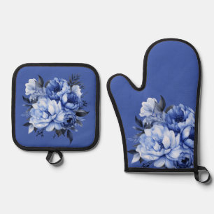 Blue Peonies Floral Elegant Oven Mitt & Pot Holder Set