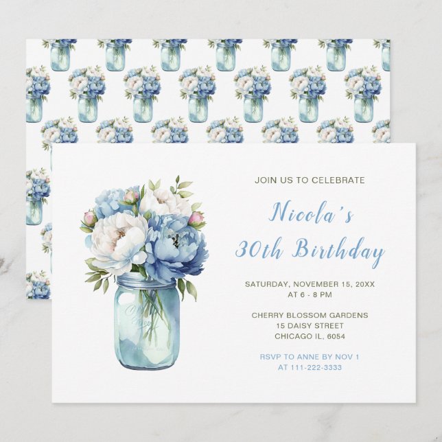 Blue Peonies Mason Jar Birthday Party Invitation (Front/Back)