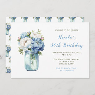 Blue Peonies Mason Jar Birthday Party Invitation