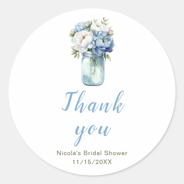 Blue Peonies Mason Jar Bridal Shower Classic Round Sticker (Front)