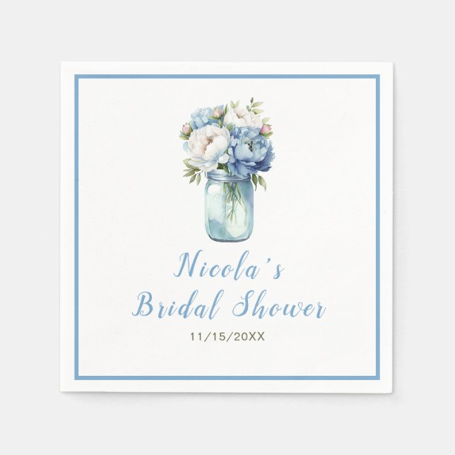Blue Peonies Mason Jar Bridal Shower Napkin (Front)