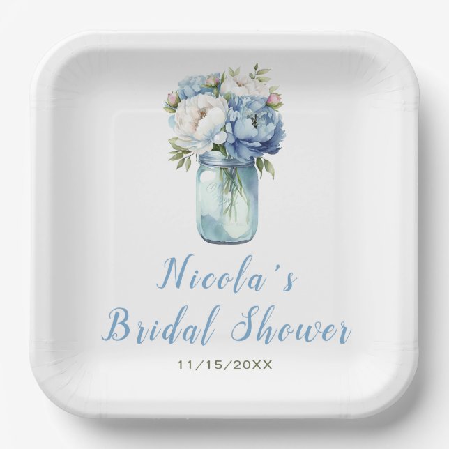 Blue Peonies Mason Jar Bridal Shower Paper Plate (Front)