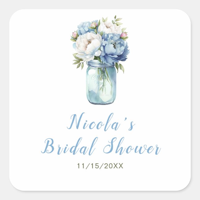 Blue Peonies Mason Jar Bridal Shower Square Sticker (Front)