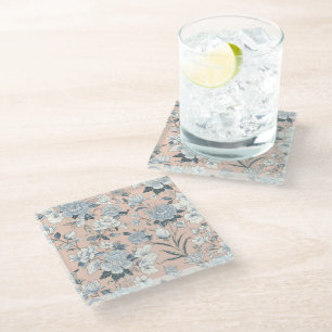 Blue Peonies Peach Botanical Vintage Floral Glass Coaster