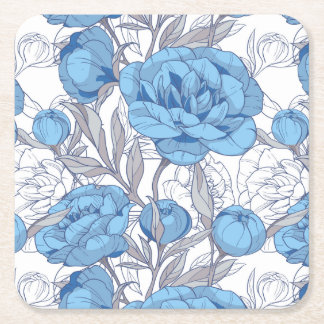 Blue peonies square paper coaster