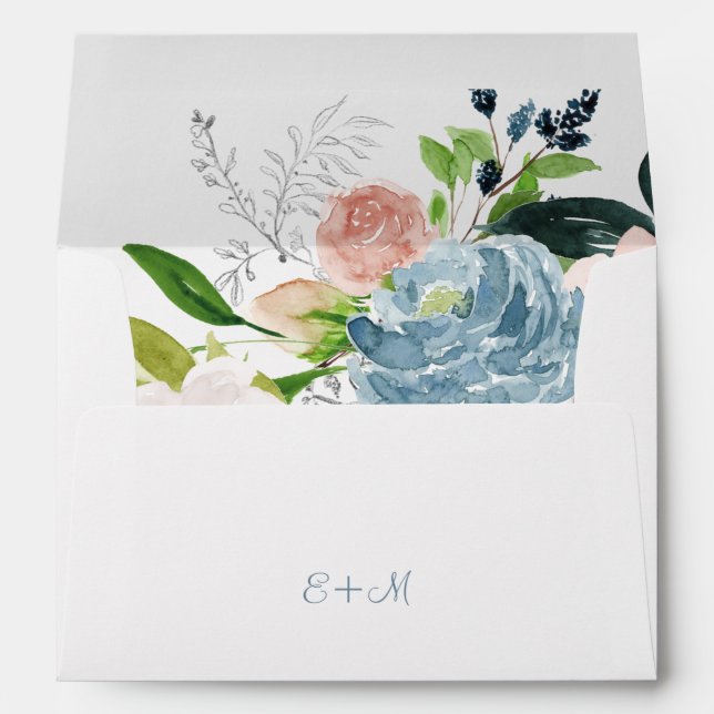 Blue peonies watercolor monogrammed wedding envelope (Back (Bottom))