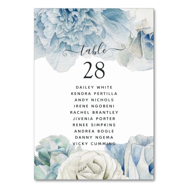 Blue Peonies Wedding Table Number (Front)