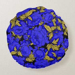 Blue Peonies with Gold Leaves Round Cushion