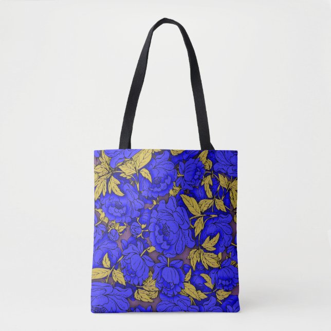Blue Peonies with Gold Leaves Tote Bag (Front)