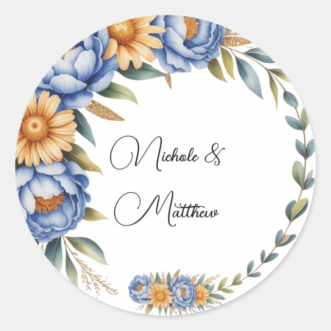 Blue Peony and Yellow Daisies Arrangement Wedding Classic Round Sticker (Front)