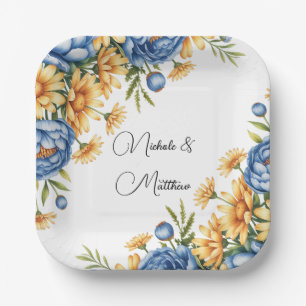 Blue Peony and Yellow Daisies Arrangement Wedding Paper Plate